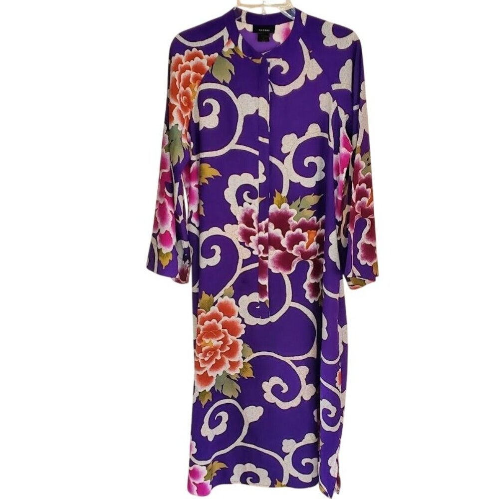 Natori Purple Floral Asian Inspired Shift Dress Size M Long Sleeve Designer